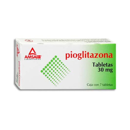 Pioglitazona 30 mg, caja con 7 tabletas. marca AMSA