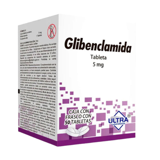 Glibenclamida 5 mg, caja con 50 tabletas.ULTRA