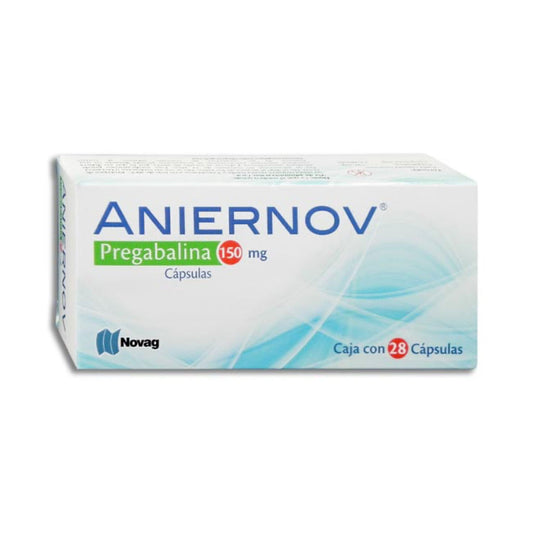 Aniernov 150 mg, Pregabalina, caja con 28 tabletas.