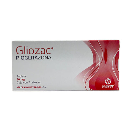 Gliozac, Pioglitazona 30 mg, caja con 7 tabletas.