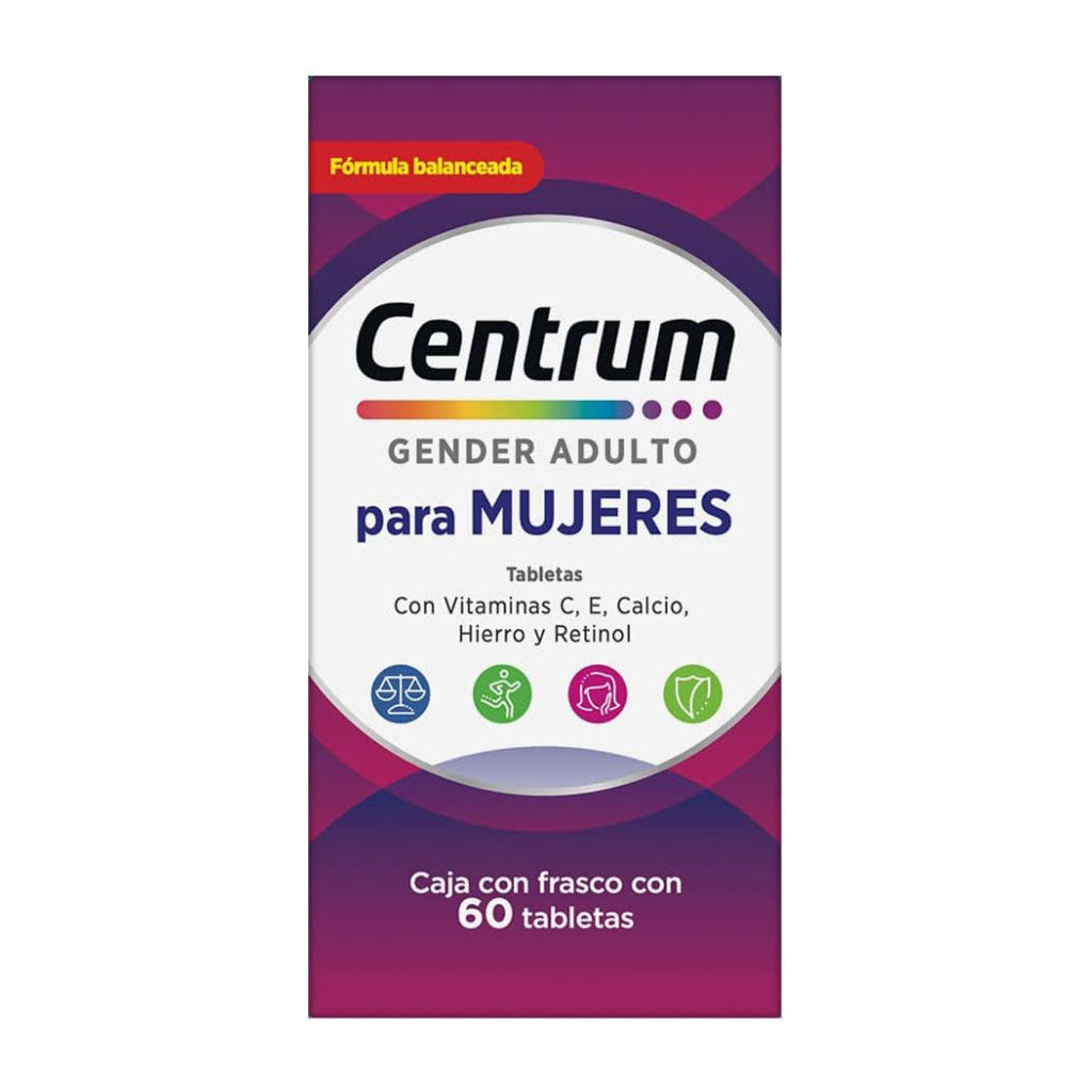 Centrum Gender Adulto para Mujeres, caja con frasco con 60 tabletas.