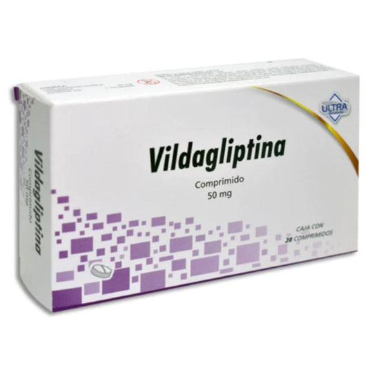 Vildagliptina 50 mg, caja con 28 comprimidos.