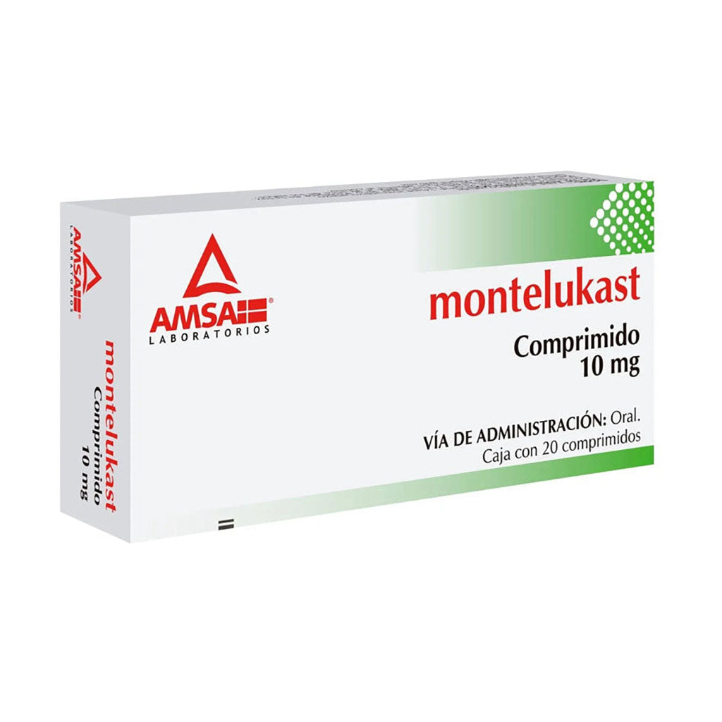 Montelukast 10 mg, caja con 20 comprimidos.