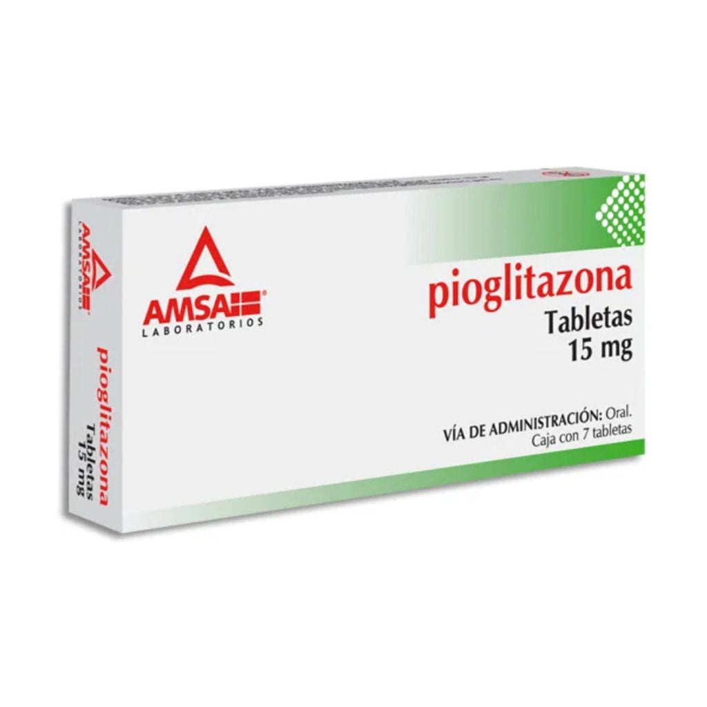 Pioglitazon 15 mg, caja con 7 tabletas, marca AMSA.