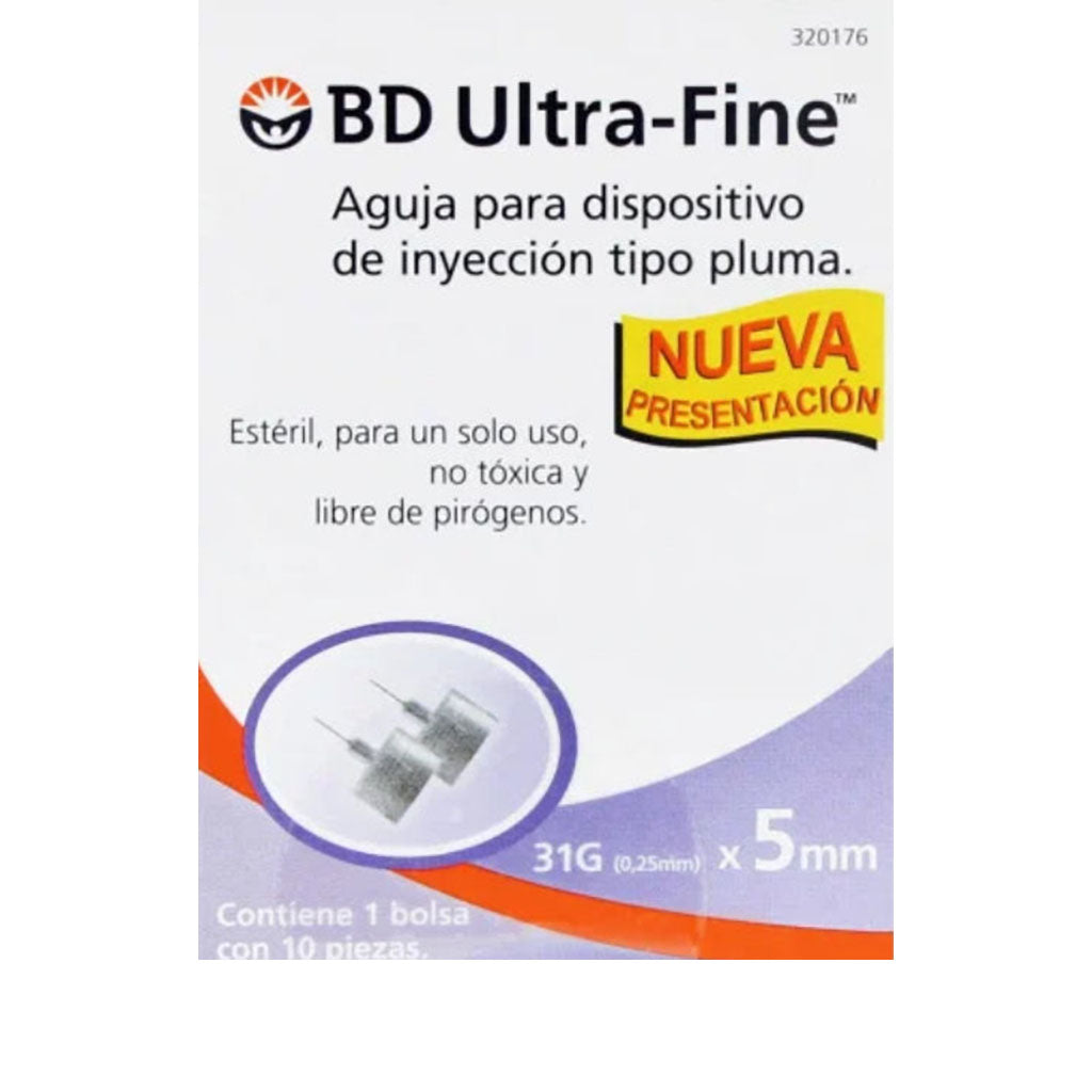 BD Ultra- Fine Aguja de Insulina de Dispositivo tipo Pluma , 31 g x 5 mm, caja con 10 agujas.