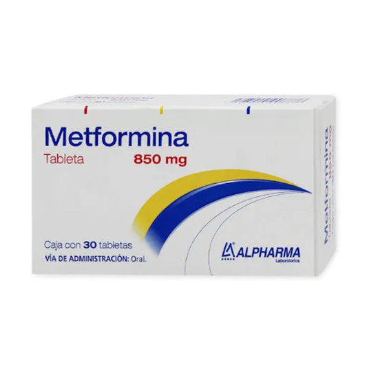 Metformina 850 mg, caja con 30 tabletas. ALPHARMA
