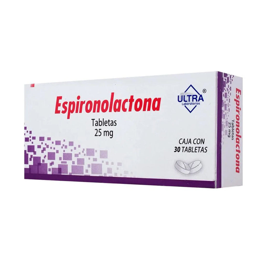 Espironolactona 25 mg, caja con 30 tabletas.