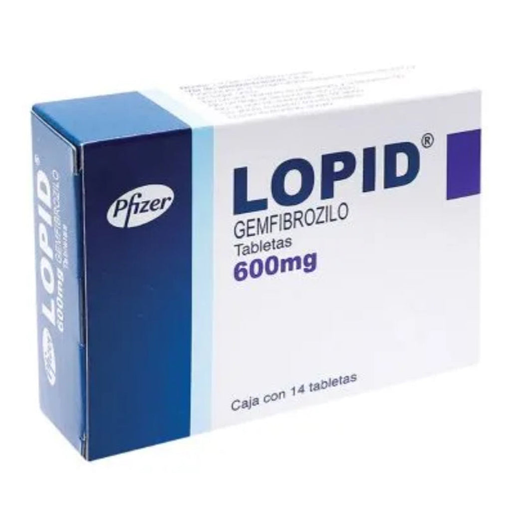 Lopid 600 mg, caja con 14 tabletas.