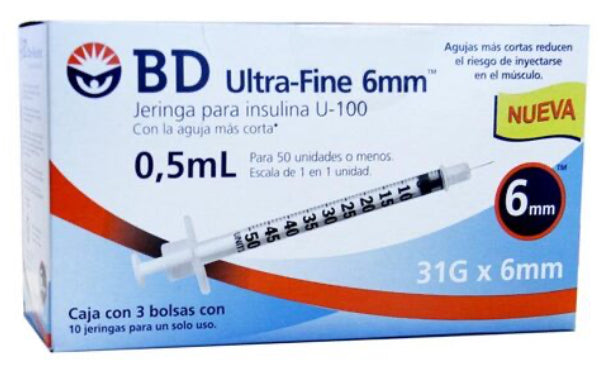 Jeringas desechables para insulina BD Ultra Fine 31 G X 6 mm , 30 piezas de .5 ml.