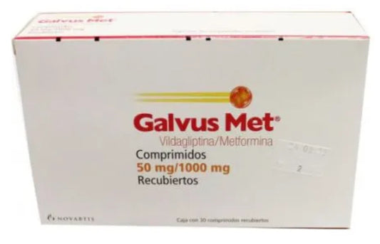 Galvus Met 50/1000 mg, caja con 30 comprimidos.
