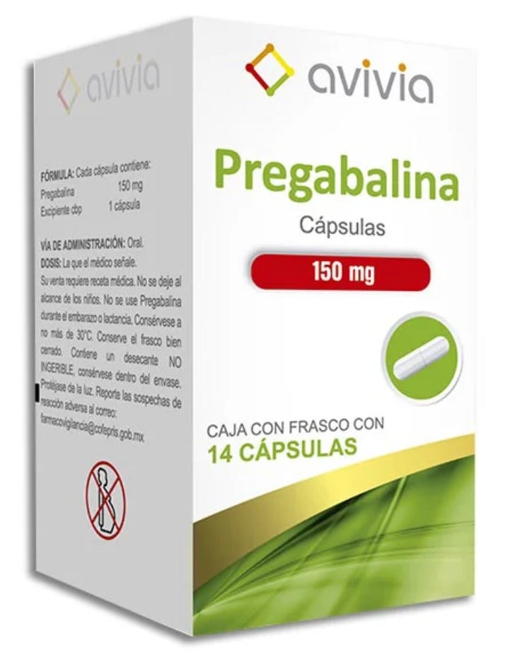 Pregabalina 150 mg, caja con 28 capsulas. Avivia.