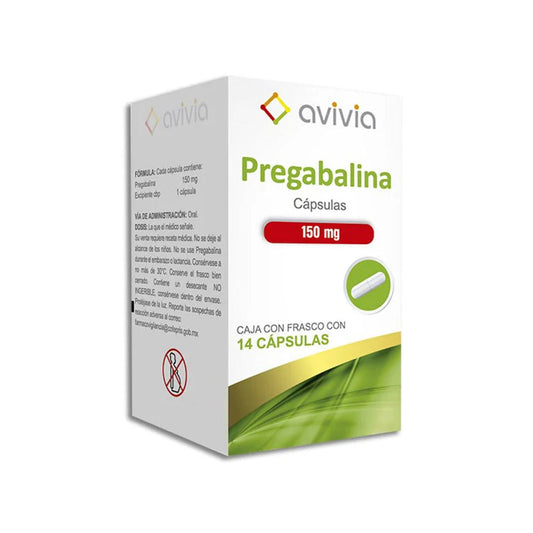 Pregabalina 150 mg, caja con 28 capsulas. Avivia.