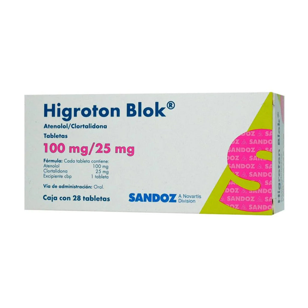 Higroton Blok 100/25 mg, caja con 28 tabletas.