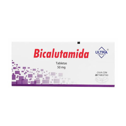 Bicalutamida 50 mg, caja con 28 tabletas.