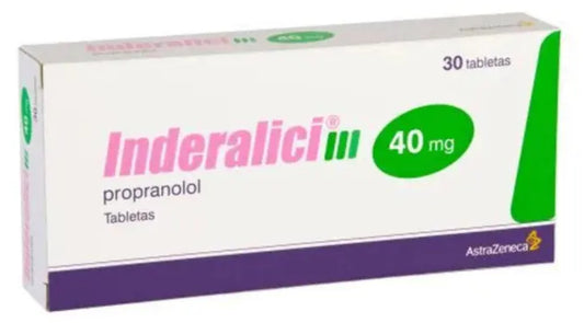 Inderalici 40 mg, caja con 30 tabletas.