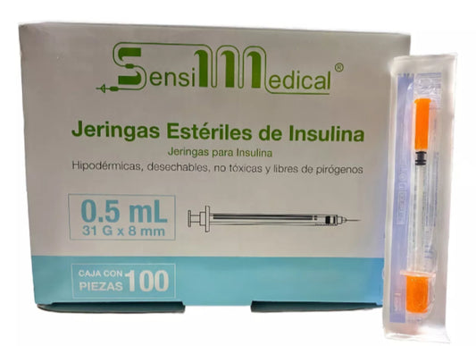 CAJA deJeringas 0.5 ml 31 g/ 8 mm, caja con 100 piezas.sensimedical