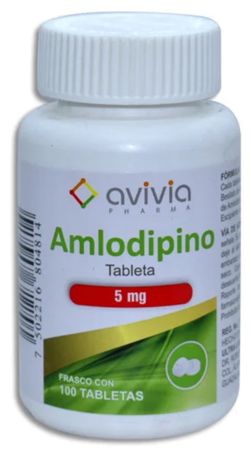 Amlodipino 5 mg, frasco con 100 tabletas AVIVIA.