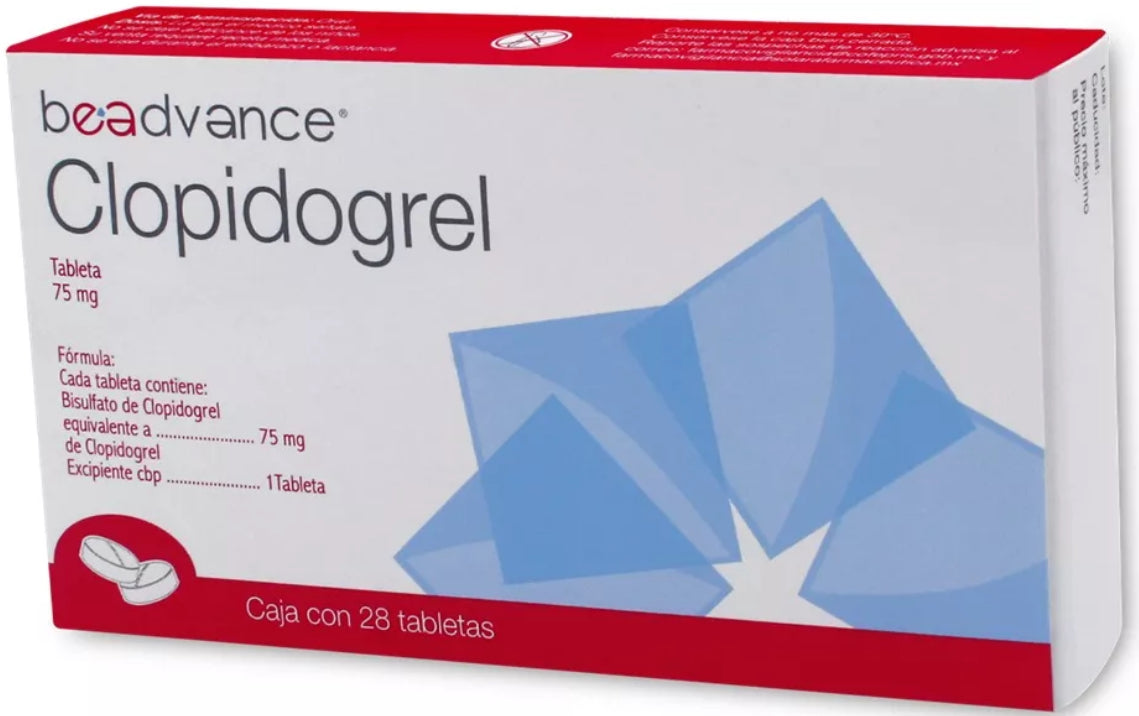 Clopidogrel 75 mg, caja con 28 tabs. BEADVENCE