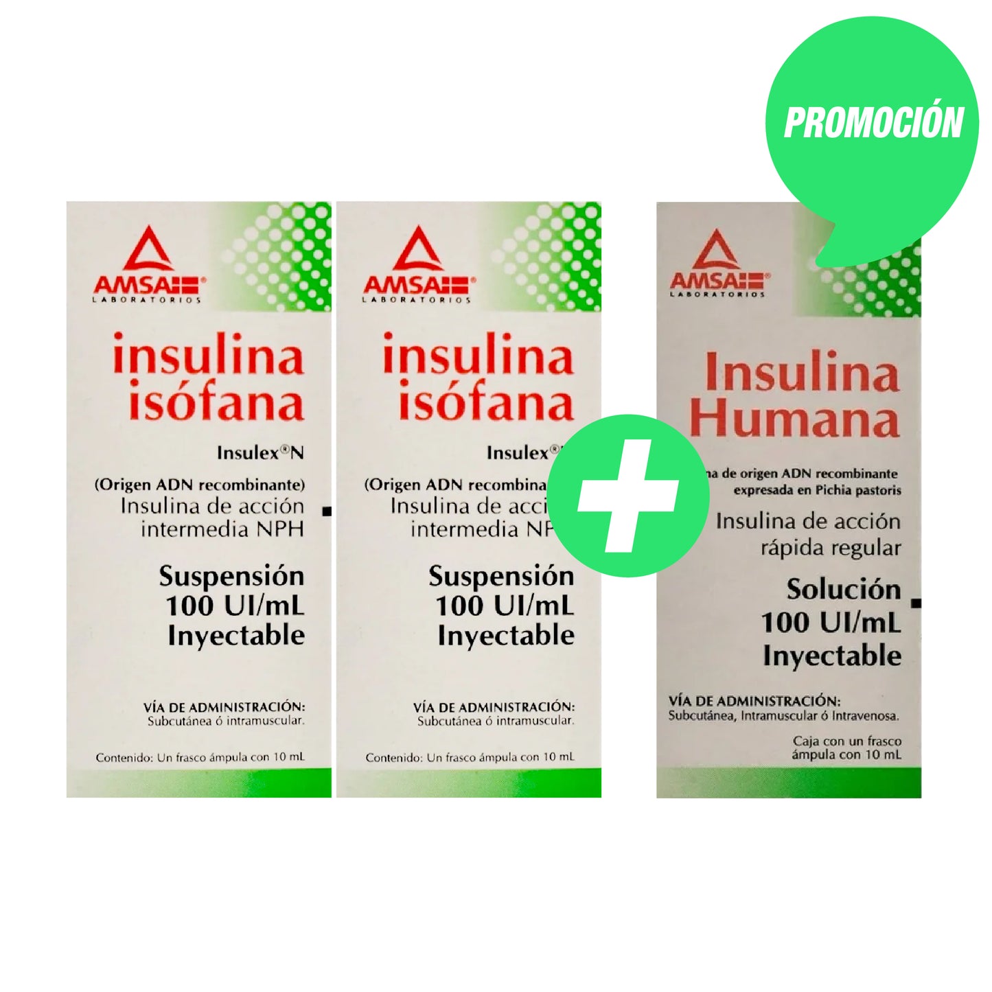 Promoción un frasco de insulina rápida regular, marca AMSA, 10 mL, 100 UI / mL + 2 frasco de insulina ISOFANA de acción intermedia, marca AMSA, 10 mL, 100 UI / ml, Solución inyectable .