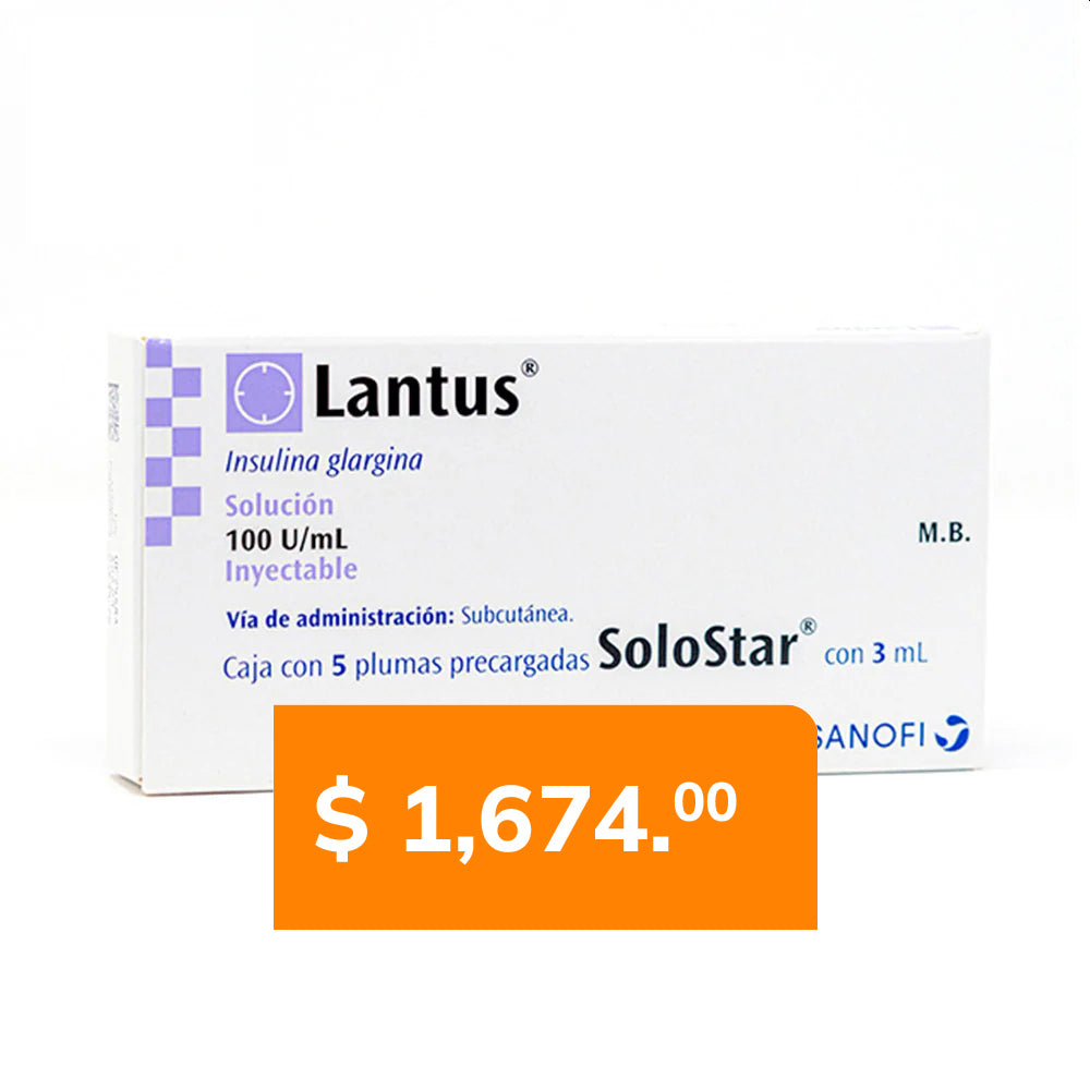 Caja con 5 plumas precargadas SoloStar®, con 3 mL, insulina glargina, marca Lantus®, 100 U / ml