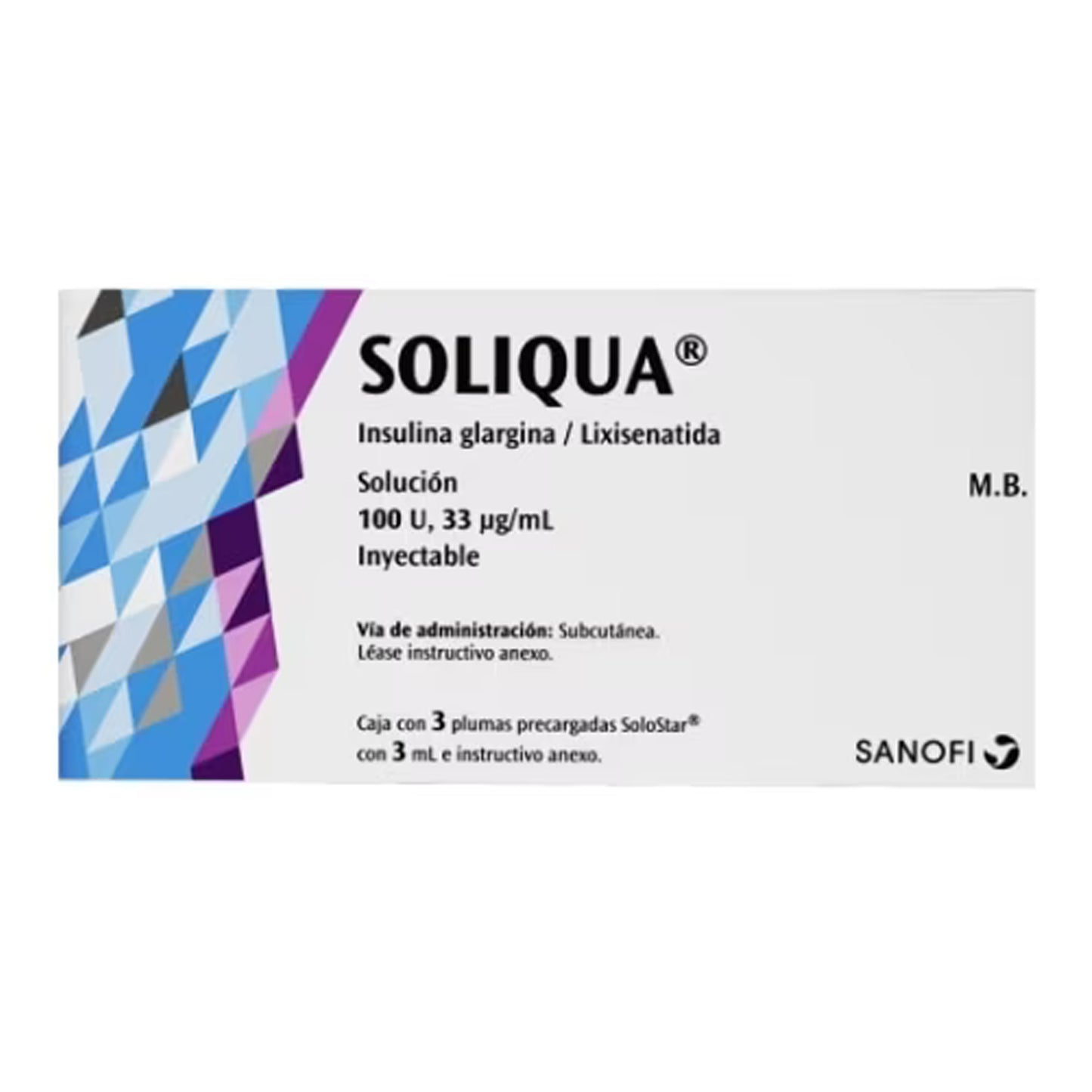 Soliqua Insulina Glargina/ Lixisenatida, 100 U, 33 μg/mL, 3 plumas precargada con 3 mL