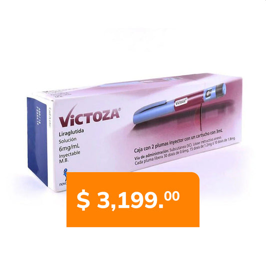 Victoza® caja con 2 plumas precargadas, inyector con un cartucho con 3 mL, Liraglutida, 6 mg / mL