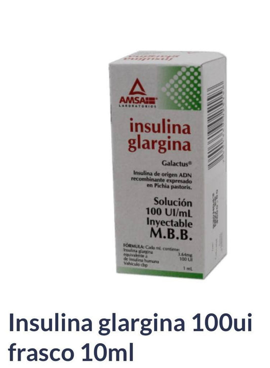 Paquete : 2 frascos de insulina glargina, marca AMSA, 10 mL, 100 UI / mL
