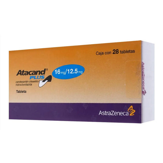 Atacand Plus 16/12.5 mg, caja con 28 tabletas.