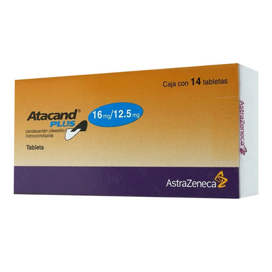 Atacand Plus 16/12.5 mg, caja con 14 tabletas.