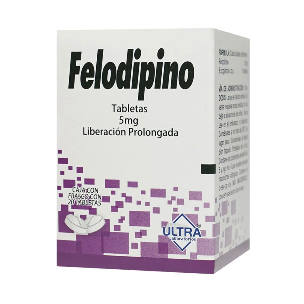 Felodipino, 5 mg, 20 tabletas