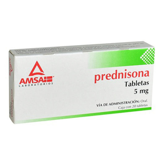 Prednisona 5 mg, caja con 20 tabletas.