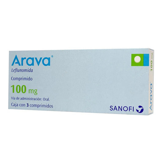 Arava 100 mg, caja con 3 comprimidos.