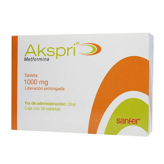 Metformina, marca Akspri®, 1000 mg, 30 tabletas