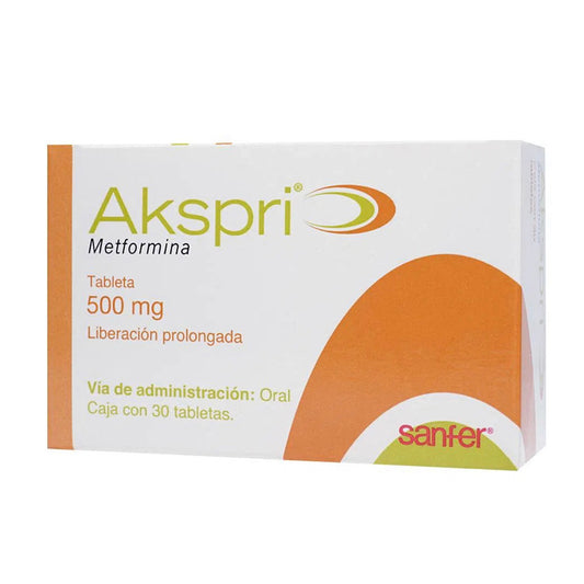 Metformina, marca Akspri®, 500 mg, 30 tabletas