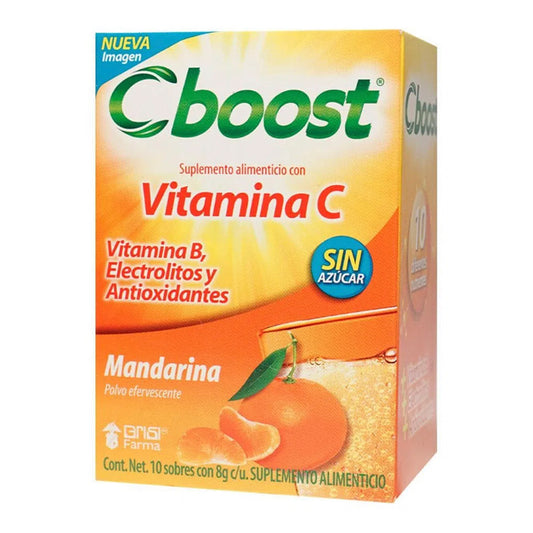 Suplemento alimenticio C Boost, polvo efervescente sabor mandarina sin azúcar, 10 sobres.
