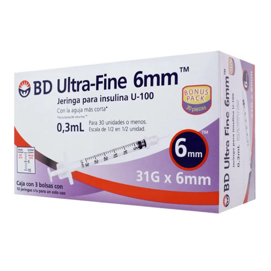 Jeringas para insulina BD Ultra Fine 6 mm U-100, 0.3 ml, 30 piezas.