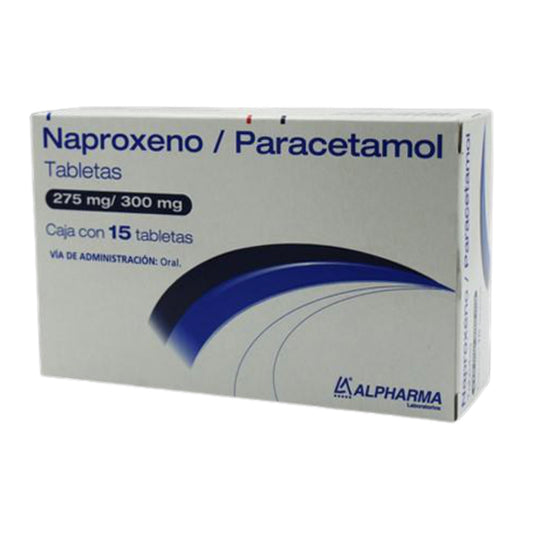 Naproxeno/ paracetamol 275/300 mg, caja con 15 tabletas.