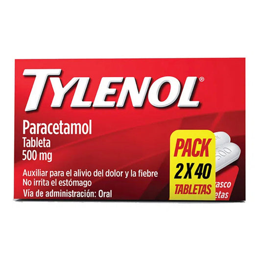 Tylenol 500 mg, 2 cajas con 40 tabletas.