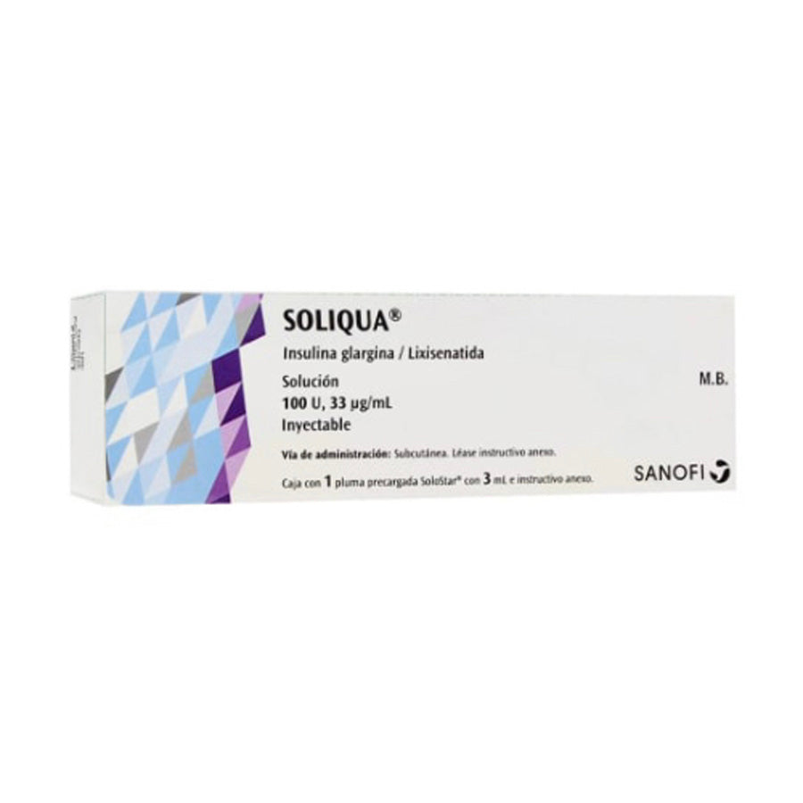 Soliqua® Insulina glargina / Lixisenatida,100 U, 33 μg/mL, 1 pluma precargada con 3 mL