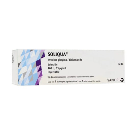 Soliqua® Insulina glargina / Lixisenatida,100 U, 33 μg/mL, 1 pluma precargada con 3 mL