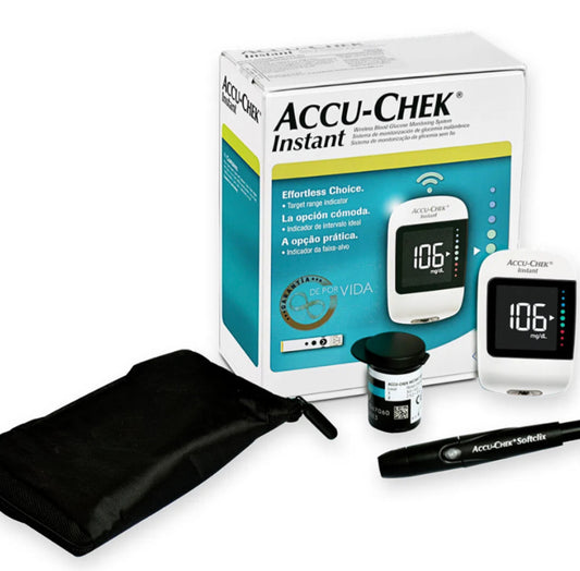 Glucómetro, marca Accu-Chek. Incluye Frasco con 10 tiras reactivas Instant, Caja con 10 lancetas y 1 puncionador Softclix con punción indolora.