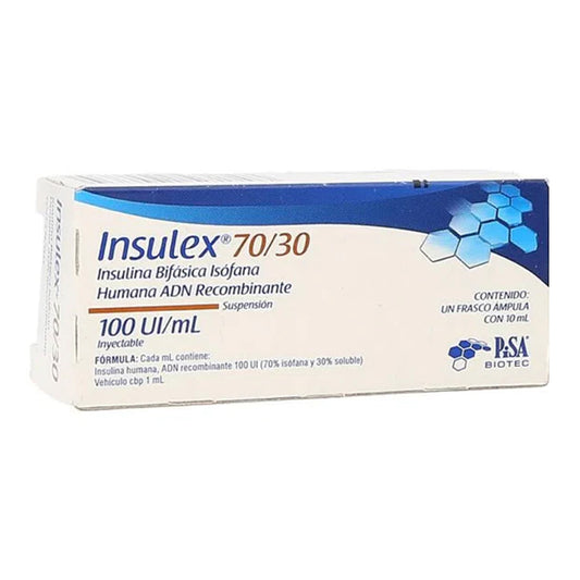 Insulex 70/30, 100 UI frasco 10 ml. Caja con una ampolleta.