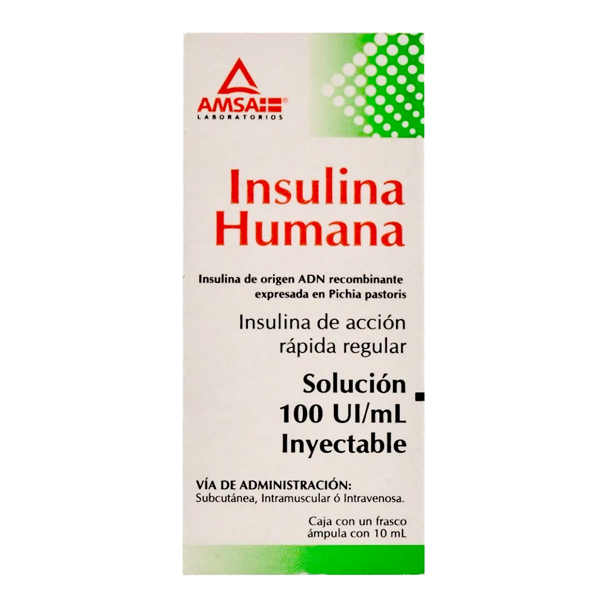 Insulina de acción rápida regular, Solucion 100UI/ml. Insulina Humana de Origen ADN Recombinante, frasco ampula con 10 ml.