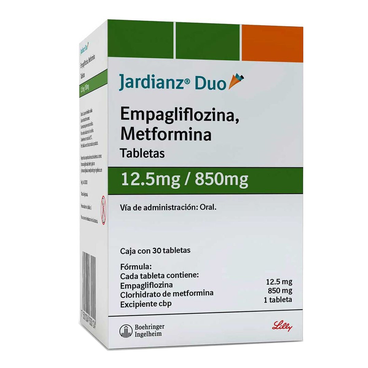 Jardianz duo 12.5 mg/850 mg, caja con 30 tabletas.