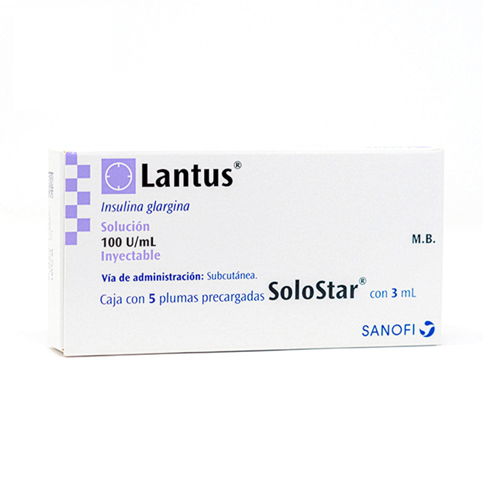 Caja con 5 plumas precargadas SoloStar®, con 3 mL, insulina glargina, marca Lantus®, 100 U / ml