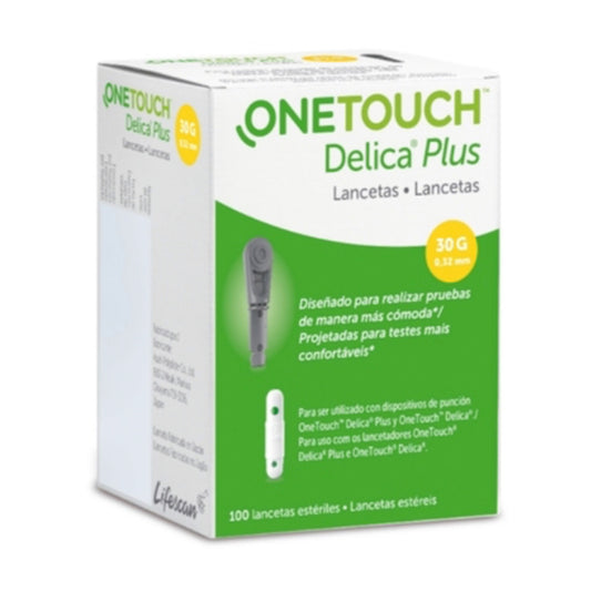 Lancetas, marca OneTouch™ Delica® Plus, 30 G, 0.32 mm, 100 unidades