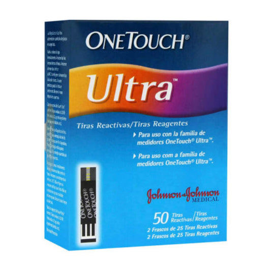 Tiras reactivas, marca OneTouch® Ultra™, 50 tiras, 2 frascos de 25 tiras reactivas