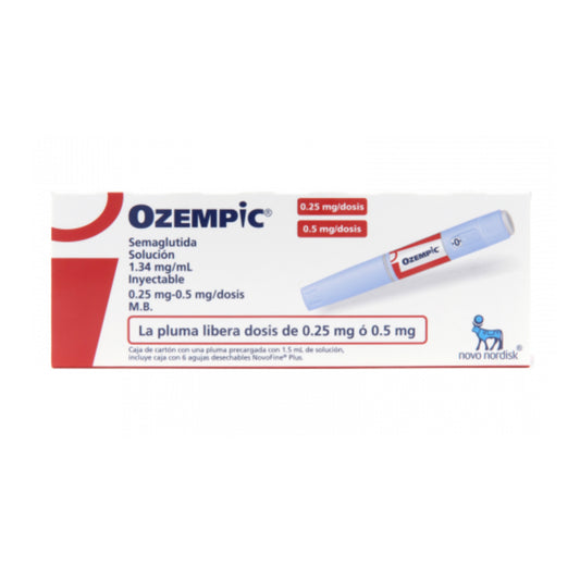 Caja con 1 pluma precargada con 1.5 mL, semaglutida, marca Ozempic®, 1.34 mg / mL, 0.25 mg - 0.5 mg/dosis, Incluye caja con 6 agujas desechables NovoFine® Plus