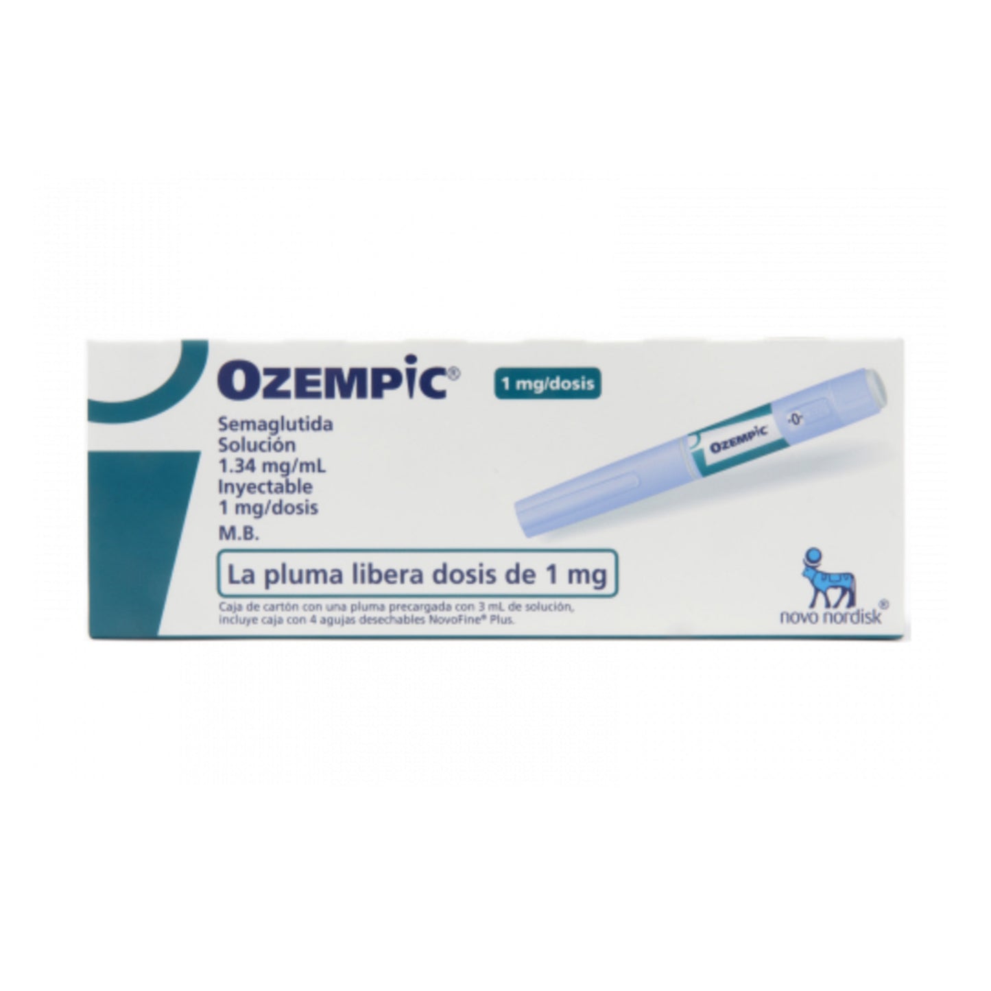 Caja con 1 pluma precargada con 3 mL, semaglutida, marca Ozempic®, 1 mg / dosis, Incluye caja con 4 agujas desechables NovoFine® Plus