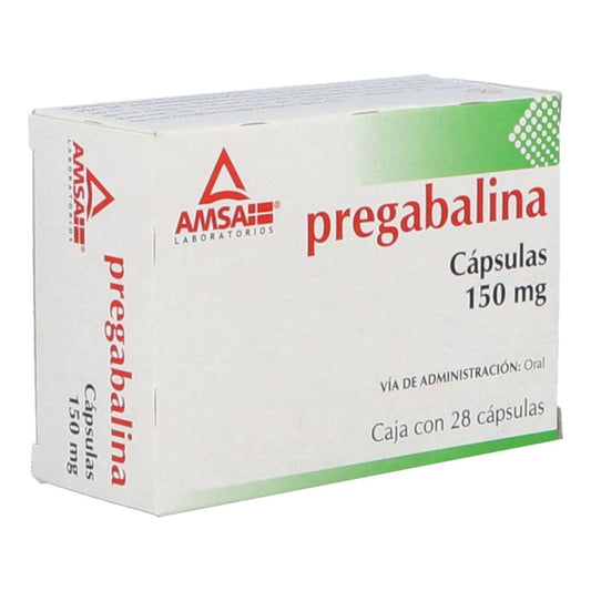 Pregabalina 150 mg con 28 cápsulas, marca AMSA.